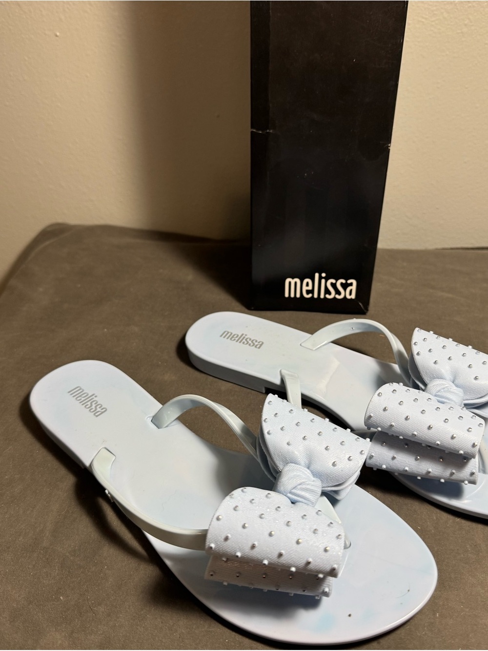 Melissa Women’s White Bow Jelly Slide Sandals with Stud Accents